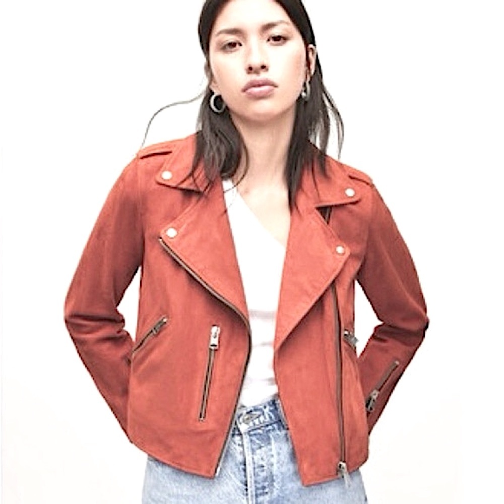 REISS Suede Leather Moto Jacket In Salmon